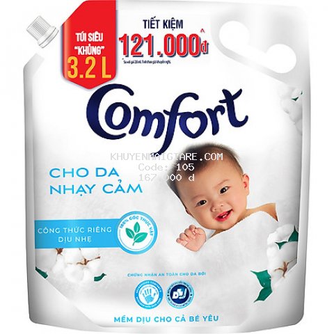 Nước Xả Vải Comfort Cho Da Nhạy Cảm (3.2L/Túi)  - Phù Hợp Với Làn Da Em Bé
