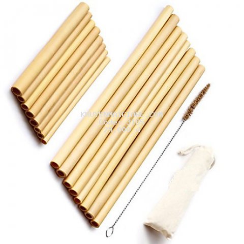 Bộ 10 Ống hút tre (Bamboo straws), Túi vải canvas và Cọ rửa ống hút