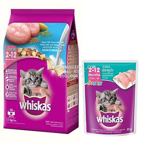 Combo thức ăn cho mèo con Whiskas vị cá biển và sữa 1,1kg + Pate mèo con vị cá ngừ 85g