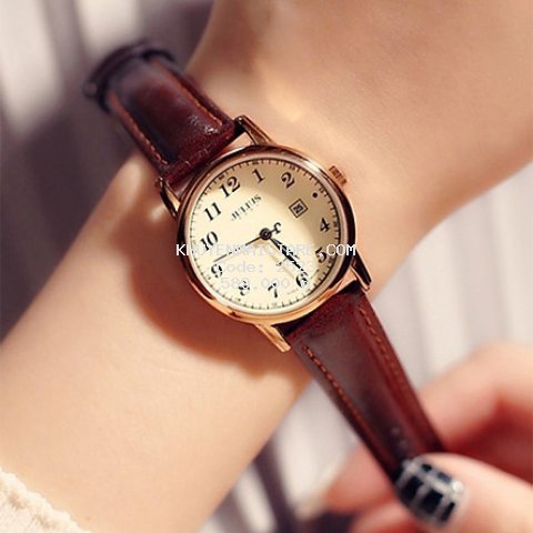 Đồng hồ nữ julius Hàn Quốc JA-508LC dây da nâu vàng có lịch ngày