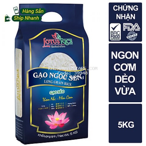 Gạo Ngọc Sen Lotus Rice 5kg - Cơm mềm dẻo ít - Chuẩn xuất khẩu