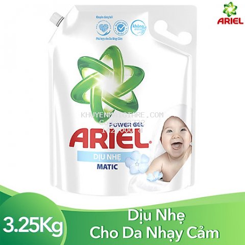 Nước Giặt Ariel Dịu Nhẹ Cho Da Nhạy Cảm Dạng Túi 3.25kg - Mềm mại ngát hương - An toàn cho da em bé