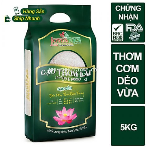Gạo Thơm Lài Lotus Rice 5kg - Cơm mềm dẻo vừa - Chuẩn xuất khẩu
