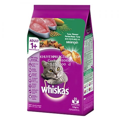 Thức ăn mèo Whiskas vị cá ngừ túi 1.2kg